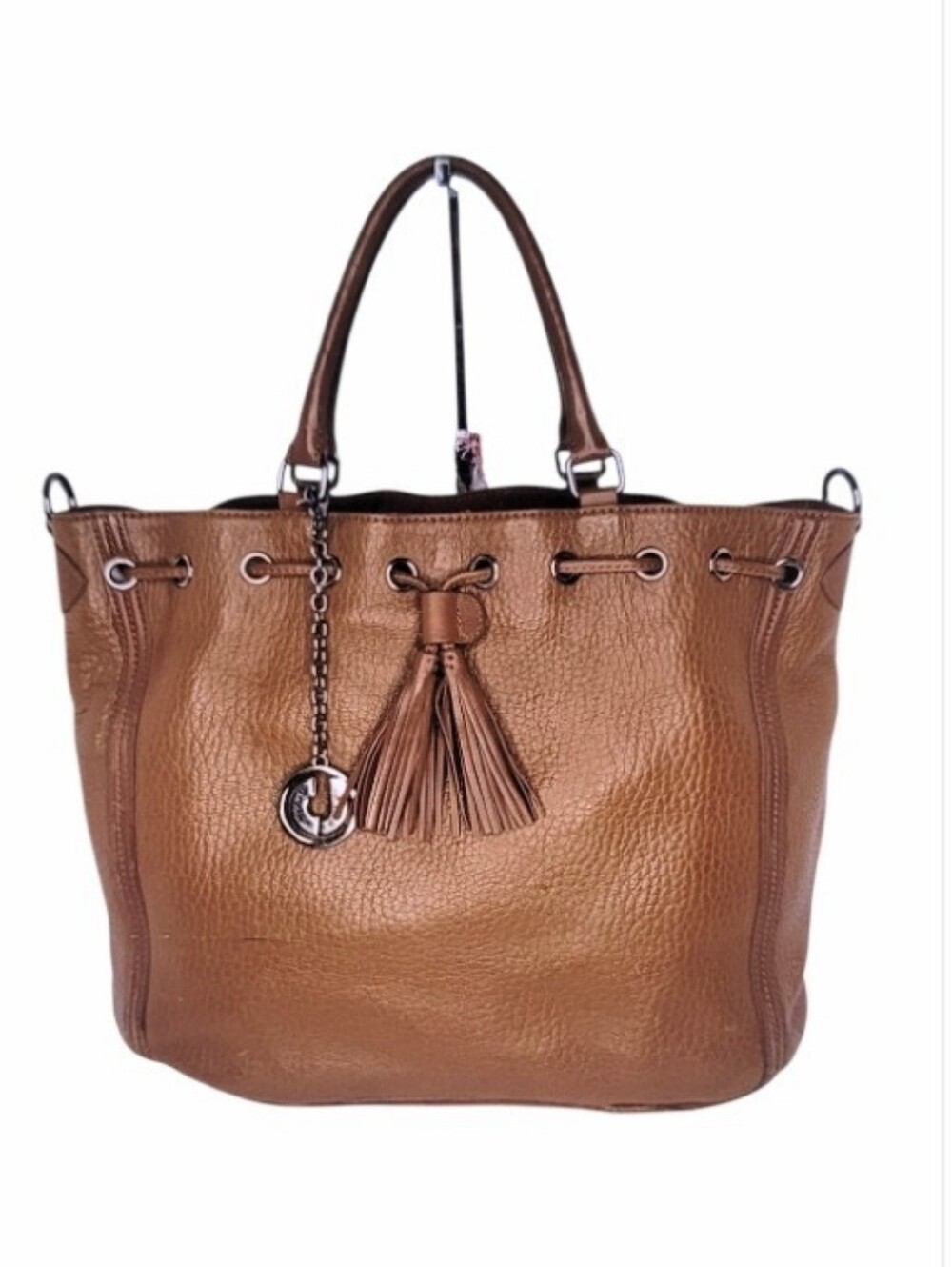 Stylish Tan Leather Satchel with Tassel Charm